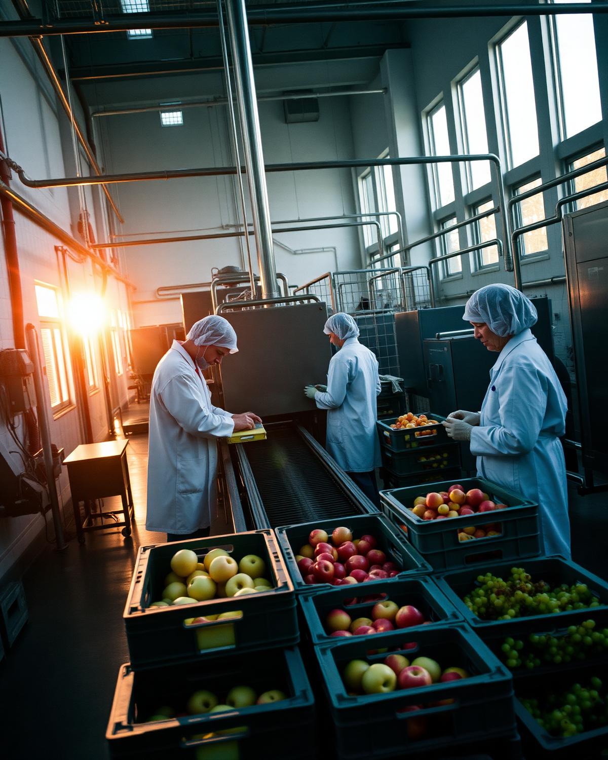 Workers inspecting fruit on a processing line at a modern agrifood plant in Moldova
